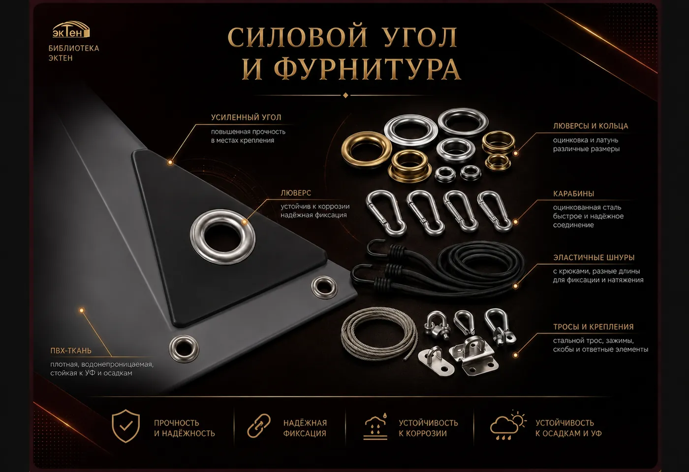 Силовой угол тента и фурнитура на гладком ПВХ-полотне