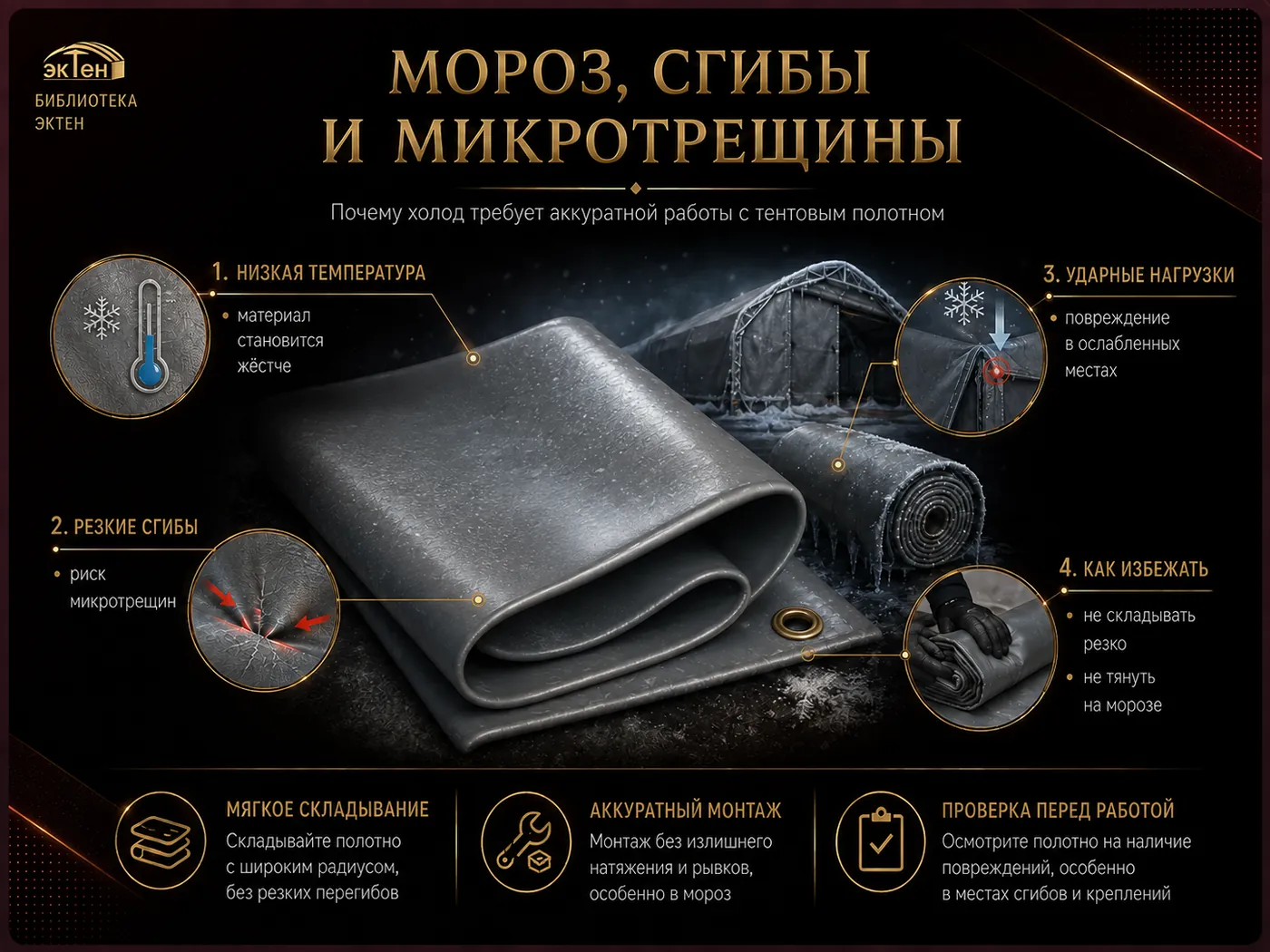 ПВХ-тент на морозе: жёсткость, сгибы и риск микроповреждений