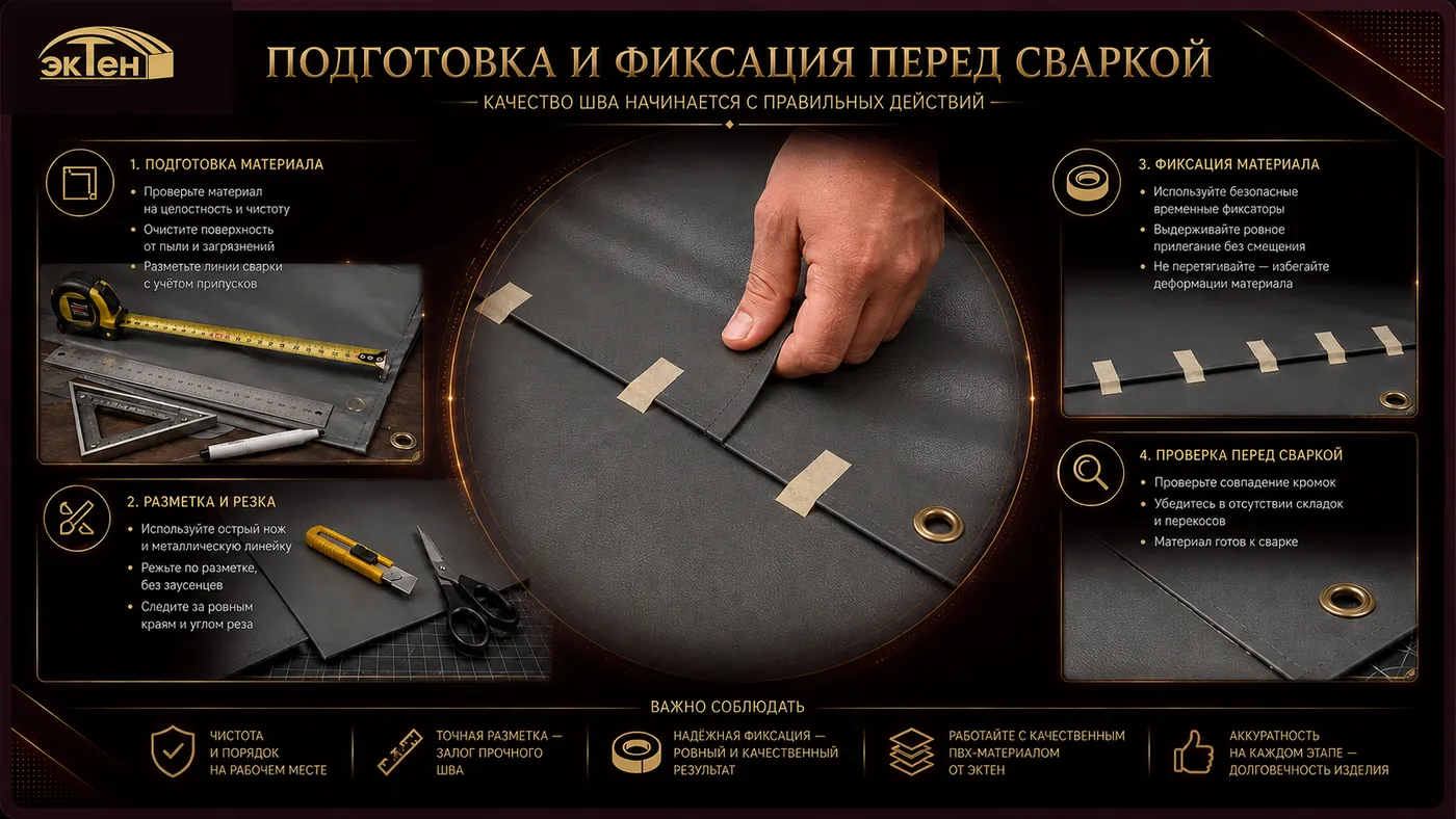 Подготовка и фиксация ПВХ-ткани перед сваркой и дальнейшей обработкой